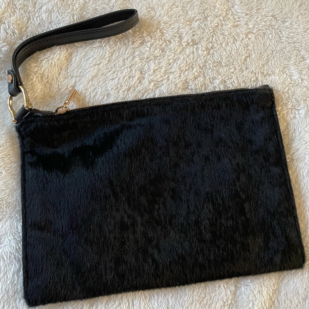 Faux pony hair black clutch